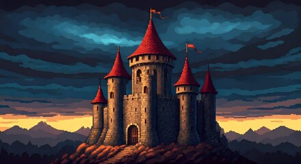 A pixelated medieval castle under a stormy sky, with dark clouds and a flag flying from the tower, Ai Generated