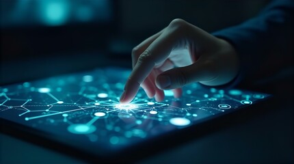Hand Touching Glowing Blue Digital Network Touchscreen