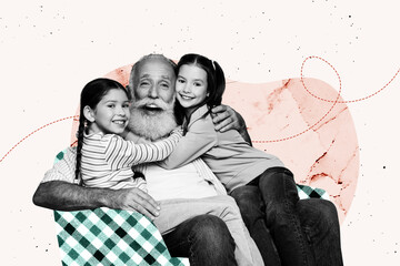 Template sketch image composite artwork collage of portrait happy smile emotion face parenthood aged man hugs two small girl daughter
