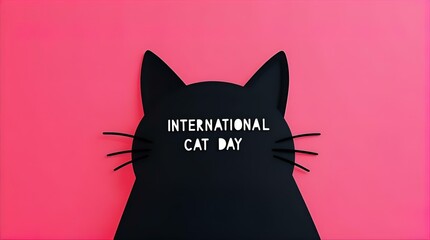 Minimalist Black Cat Paper Cutout for International Cat Day Pink Background