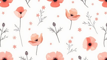Fototapeta premium Watercolor Floral Pattern With Peach Poppies
