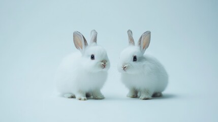 Obraz premium Two baby rabbits facing each other against a light-blue background. Stock photo
