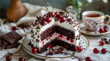 Black forest cake, Schwarzwald pie, cherry cake and chocolate with cup of tea. Vegan food, sugar, lactose and gluten free. Vertical orientation.