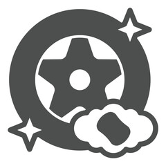 Wheel tire with sponge solid icon, car service concept. Vector graphics. Shiny clean car tire, washing sign on white background, glyph style icon for mobile or web design.