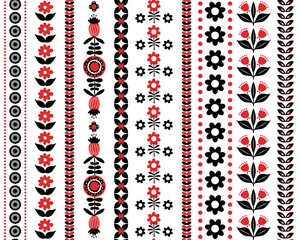 folk art scandinavian nordic style floral botanical stripes seamless pattern, vector illustration scandi  folksy flowers and foliage repeat design in black white red