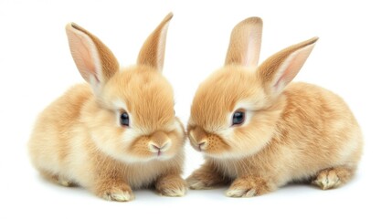 Fototapeta premium Two adorable baby bunnies, against white background, perfect for spring or children's content