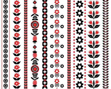 Fototapeta folk art scandinavian nordic style floral botanical stripes seamless pattern, vector illustration scandi  folksy flowers and foliage repeat design in black white red