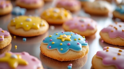 Minimalist composition of iced gem biscuits on a reflective surface. Bright, colorful, and nostalgic childhood treat
