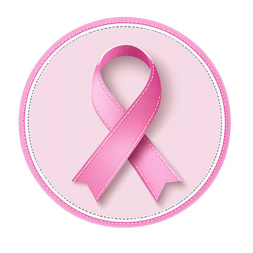 Pink ribbon, cancer awareness symbol, flat vector icon on a white background with a pink circle and white space for text. 