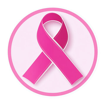 Pink ribbon, cancer awareness symbol, flat vector icon on a white background with a pink circle and white space for text. 