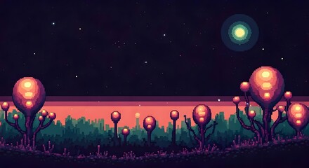A retro pixel art alien planet with strange plants, glowing orbs, and distant stars, Ai Generated
