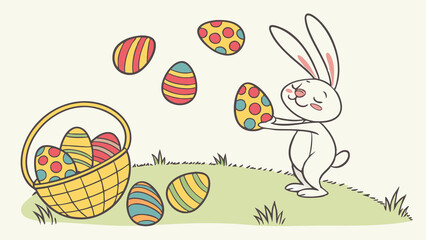 Easter bunny with decorated eggs and basket on grass for easter holiday season fun. Perfect for Spring Invitations, Holiday Branding, and Creative Event Projects
