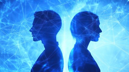 Two profile figures, abstract network background,  futuristic concept, technology, possible use stock photo, social media