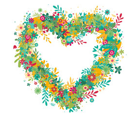 Forme de cœur fait d'une de fleurs - Fleurs et feuilles qui forment un cœur - Message d'amour ou d'amitié - Décoration florale - Illustration légère et festive pour le printemps - Vecteur