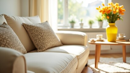 Beige Sofa With Yellow Flowers Indoors