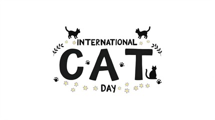 International Cat Day Black Cat Silhouettes Paw Prints Celebration Image
