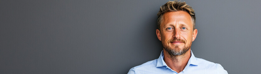 Obraz premium Handsome smiling man in blue shirt against gray background, exuding confidence and approachability