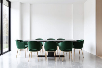 row of green chairs and tables in a room