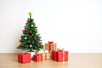 small christmas tree with presents under it in a room