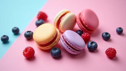 Colorful Macarons With Berries On Tabletop