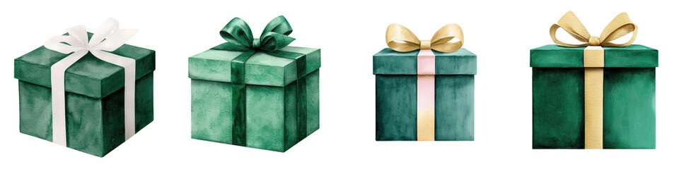 Elegant green and gold gift boxes with ribbon bows ready for holiday and gift giving