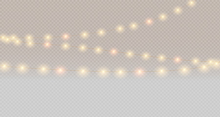 Garland of Lights. Decorative lights. Fairy lights chain. Wall decoration for party. Led bulb lamp string. Vector PNG