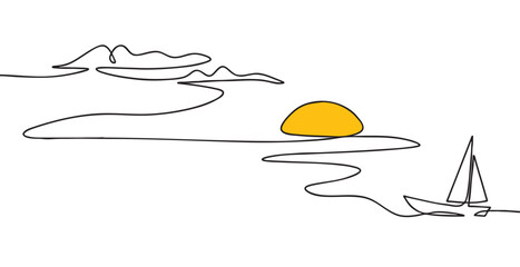 Line art mountain and sun