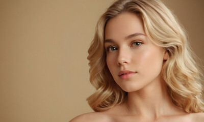 Beautiful Young Woman Gazing at Camera – Radiant Skin & Skincare Concept