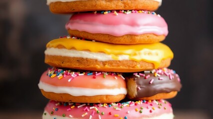 A stacked tower of colorful doughnuts with icing and sprinkles.