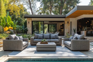 Outdoor patio furniture set with grey cushions, two chairs, sofa, end table by the poolside, San Diego home.
