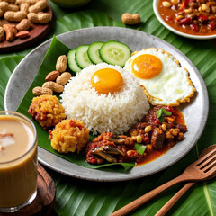 Traditional Malaysian Nasi Lemak with Fried Chicken and Sambal