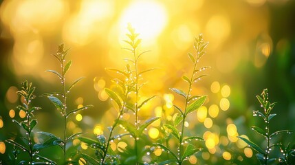 Dew-kissed plants bathed in warm sunrise light