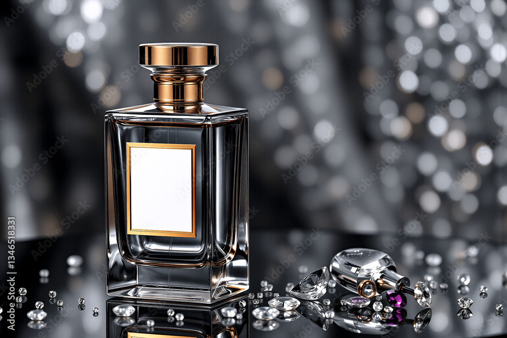 Poster elegant perfume bottle with golden accents and a blank label is displayed on a reflective surface wi