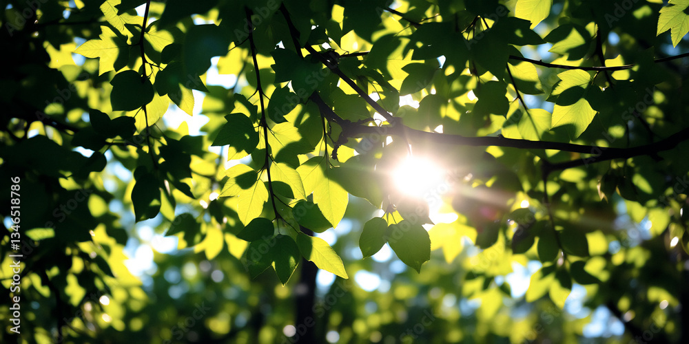 Poster sunlight streams through lush green leaves, creating a bright and natural scene. the light filters t