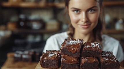 Delicious Homemade Brownies: Artisan Baking Scene with Smiling Young Woman