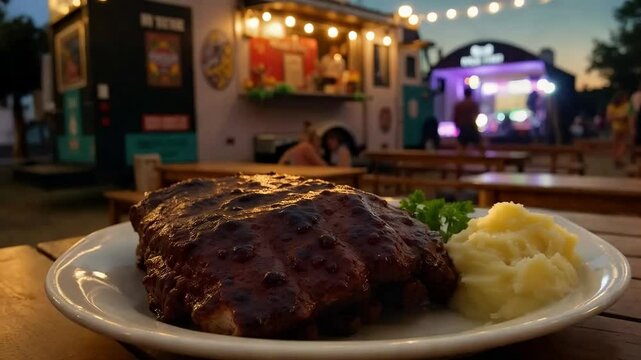 Plato de costillas a la barbacoa con pur&eacute; de papas en feria gastron&oacute;mica nocturna