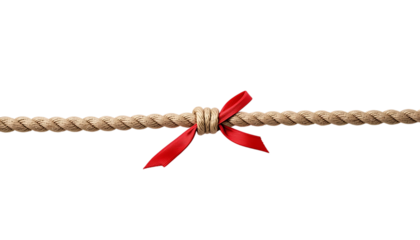 Long tug of war rope pulled tight, with red ribbon tie 