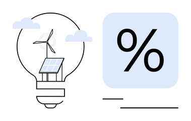 Lightbulb housing solar panel and wind turbine, surrounded by clouds, paired with percentage symbol. Ideal for sustainability, energy efficiency, eco investment, clean technology, renewable energy
