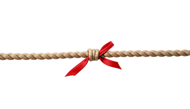 Long tug of war rope pulled tight, with red ribbon tie 