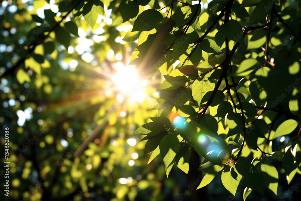 Poster Sunlight streams warmly through green leaves, creating lens flare and highlighting foliage edges in a natural, bright, and peaceful outdoor scene.