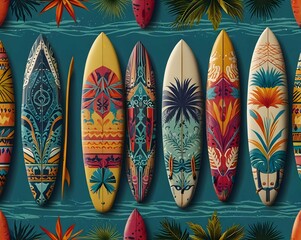 vibrant collection of surfboards with unique, colorful designs leans against a striped backdrop