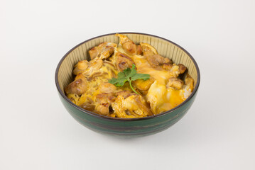 Japanese Oyakodon Chicken and Egg Rice Bowl in Ceramic Dish