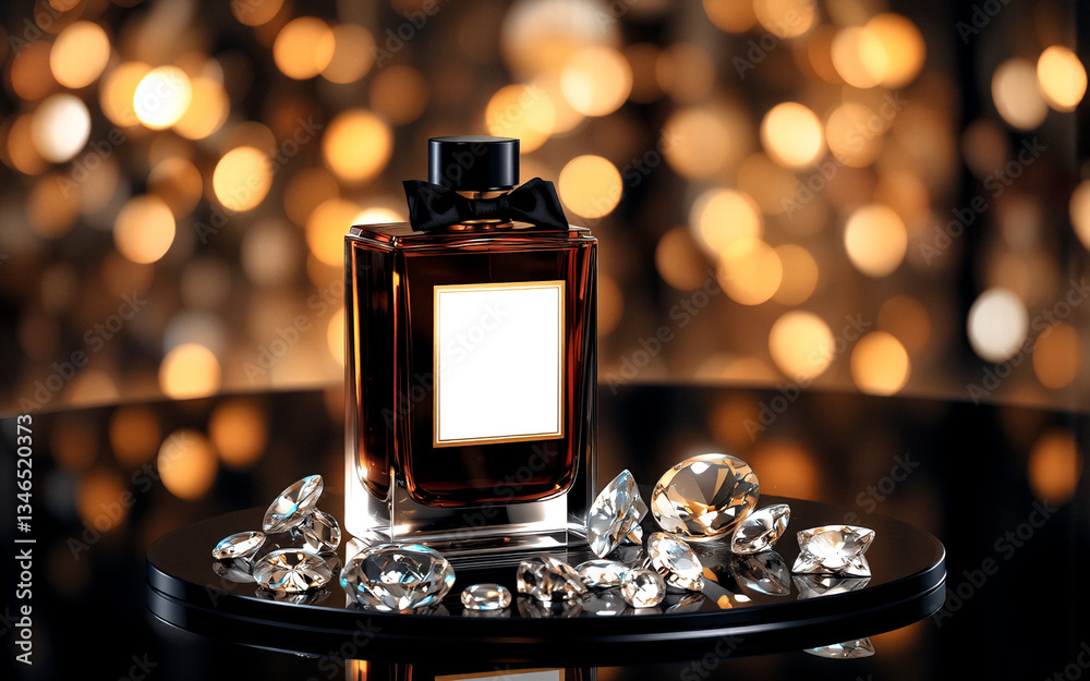 Poster elegant perfume bottle with a black bow on a reflective platform surrounded by sparkling diamonds ag