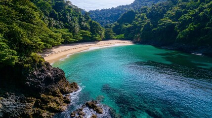 Tropical beach adventure scenic cove aerial view lush nature serene atmosphere for relaxation