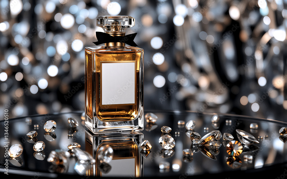 Poster elegant perfume bottle filled with golden liquid and adorned with a black ribbon, displayed on a ref