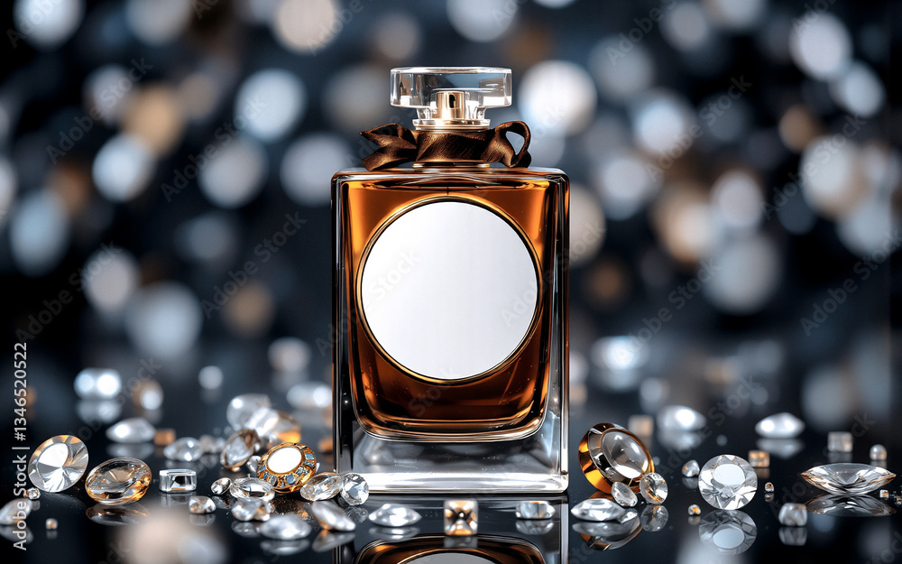 Aufkleber Elegant perfume bottle with a blank label stands amidst sparkling diamonds. Bokeh lights create a glamorous backdrop, highlighting the luxurious fragrance and beauty product.
