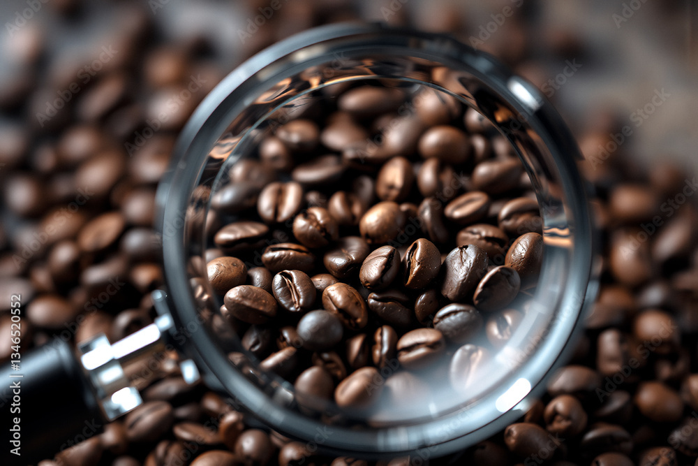 Poster close-up view of roasted coffee beans beneath a magnifying glass. detailed inspection of bean textur