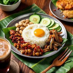 Traditional Malaysian Nasi Lemak with Fried Chicken and Sambal