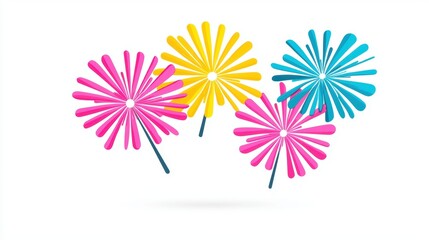 Obraz premium Colorful flower-like designs in vibrant pink, yellow, and blue, arranged symmetrically against a white background.