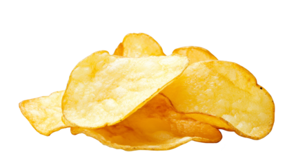 A heap of golden potato chips, the perfect crispy and salty snack for any occasion